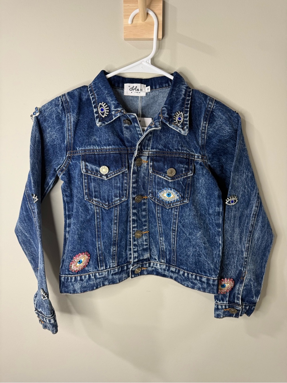 NWT Lola and the Boys ‘Crystal Evil Eyes’ Cropped Denim Jacket - Size 12